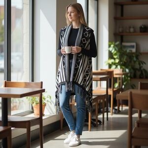 Black and White Patterned Tribal Cards Fringe Vest